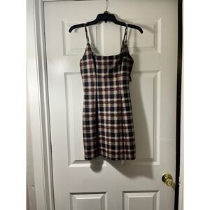 Papaya Plaid Mini Dress Brown Black Orange Square Neck Bodycon Small D5469